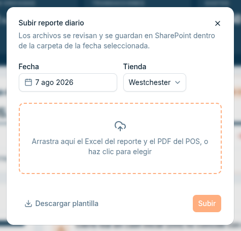El diálogo de subida: fecha, tienda y el recuadro para arrastrar los archivos